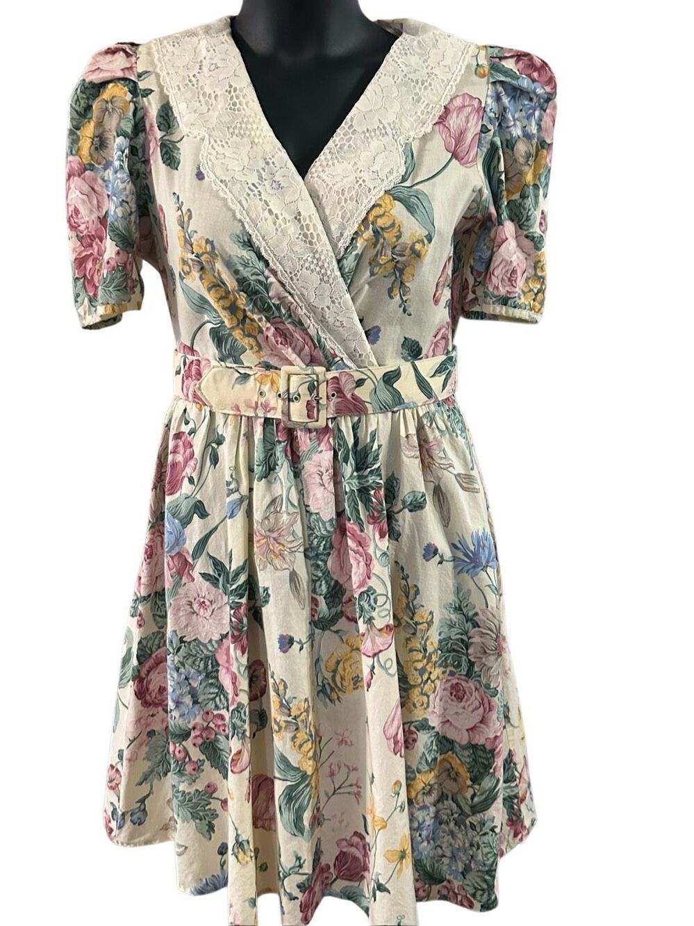 VTG Tina Barrie Women 10 Multicolor Floral Cottagecore Belted Knee Length Dress